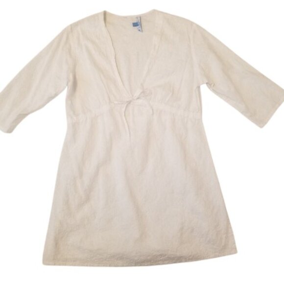 100% Cotton Resort Wear White Floral Textured Bikini Coverup Dress Women Medium - Picture 1 of 14